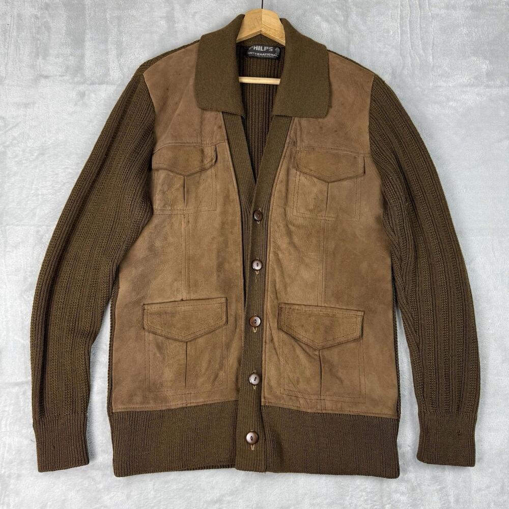 Vintage Philps International Suede Leather Wool Cardigan Jacket Men England Made